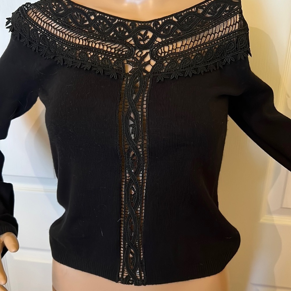 Moda international sexy black off shoulder see thru lace sweater sz S
